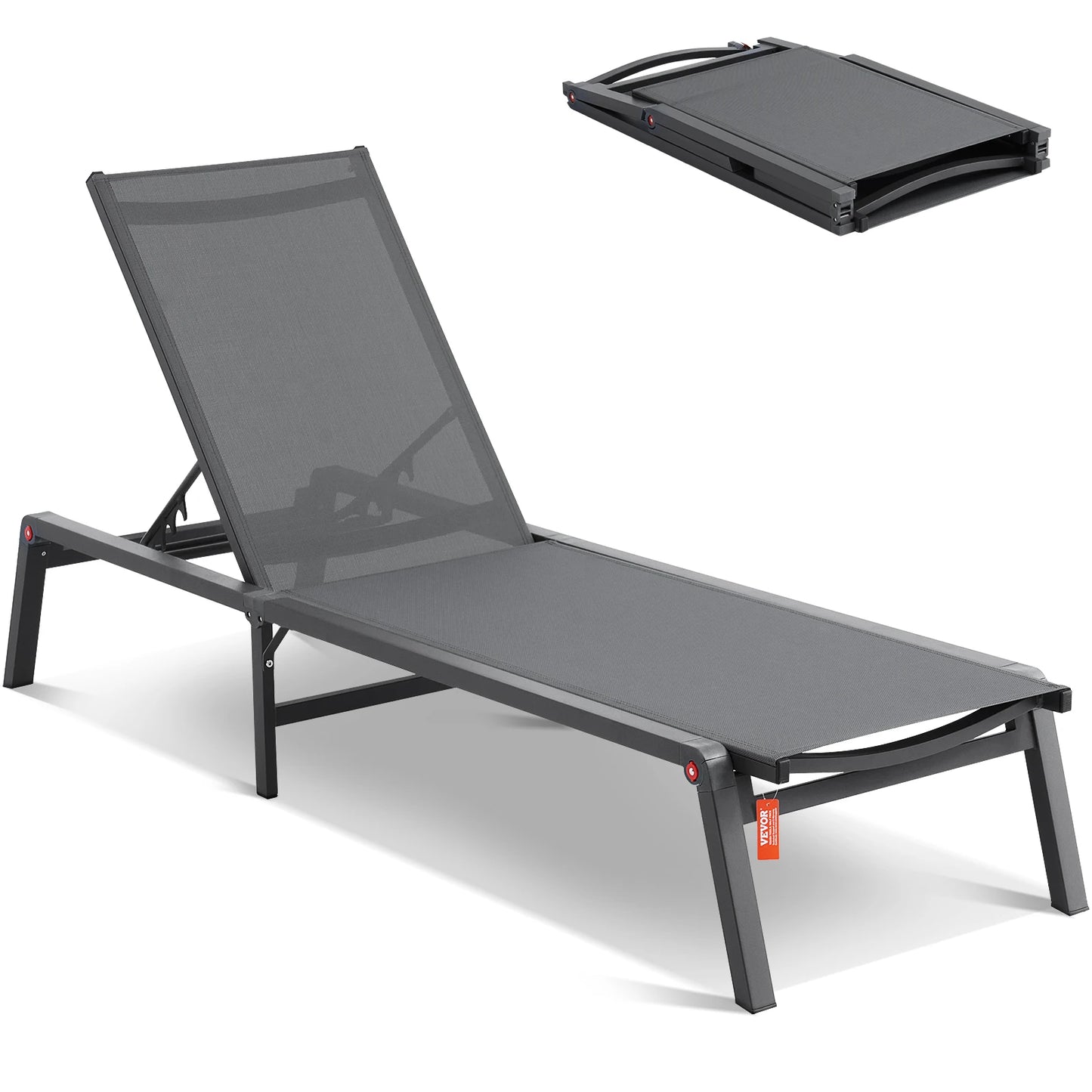 VEVOR Chaise Lounge Chair Outdoor Aluminum Patio LoungeFolding Pool Lounge Recliner Full Flat for Patio Beach Pool Dark Grey