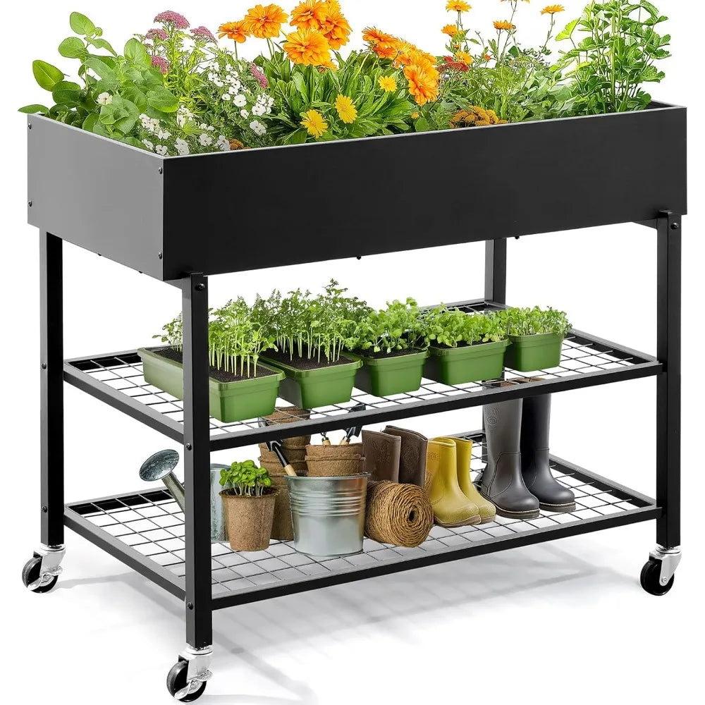 KING BIRD Raised Garden Bed with Legs & Double-Layer Storage Shelf, Galvanized Elevated Planter Box with Lockable Wheels for Bac