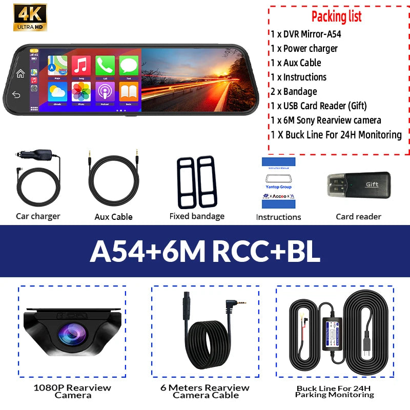 Dash Cam 4K Car Dvr Mirror Wireless Carplay & Android Auto Video Recorder 1080P Rear View Camera GPS Navigation WIFI Black Box