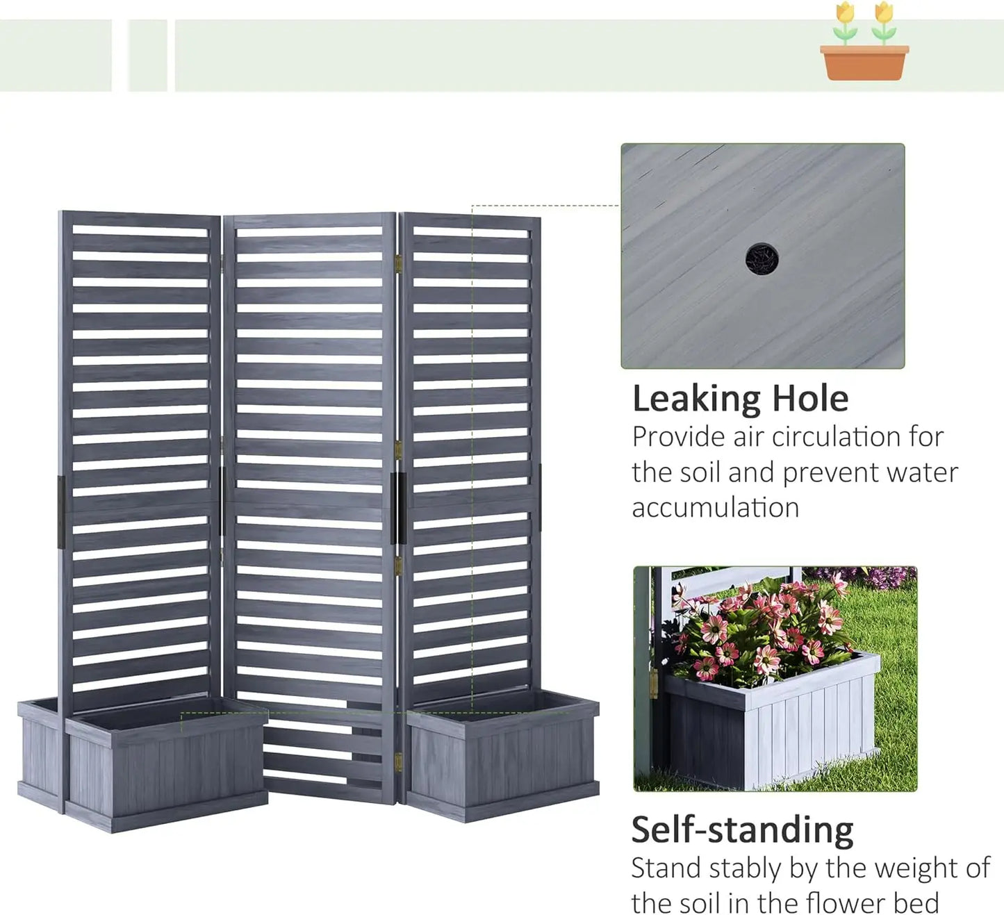 Freestanding Outdoor Privacy Screen, 4 Self-Draining Planters/Raised Garden Beds, 3 Hinged Panels for Hot Tub, Patio, Backyard