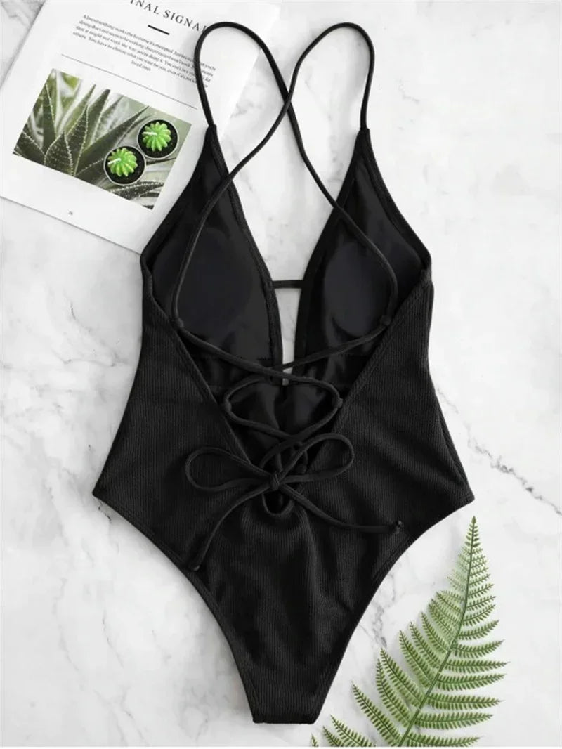 Sexy Solid Green Black Swimwear Women High Cut One Piece Swimsuit Backless High Waist Swim Suit Beach Bathing Suit Monokini 2024